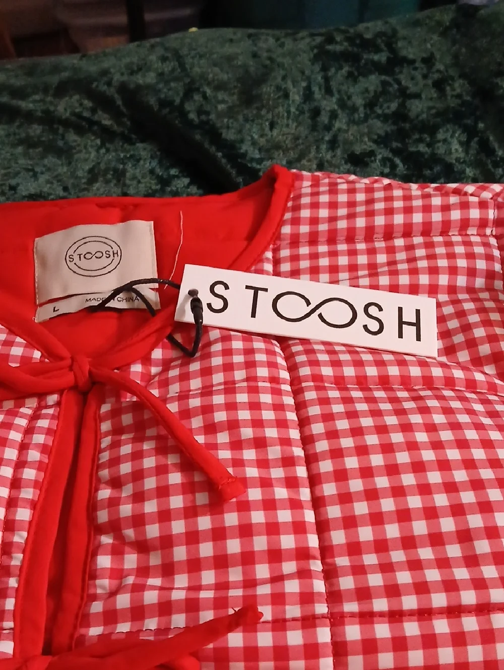 Stoosh Red and White Gingham Tie-Front Quilted Vest - Picture 2 of 10